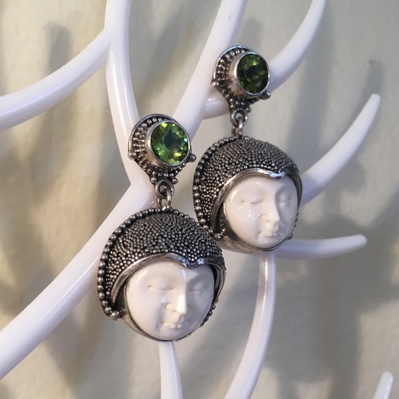 Jewelry - Carved Bone Earrings With Genuine Peridot Gem
